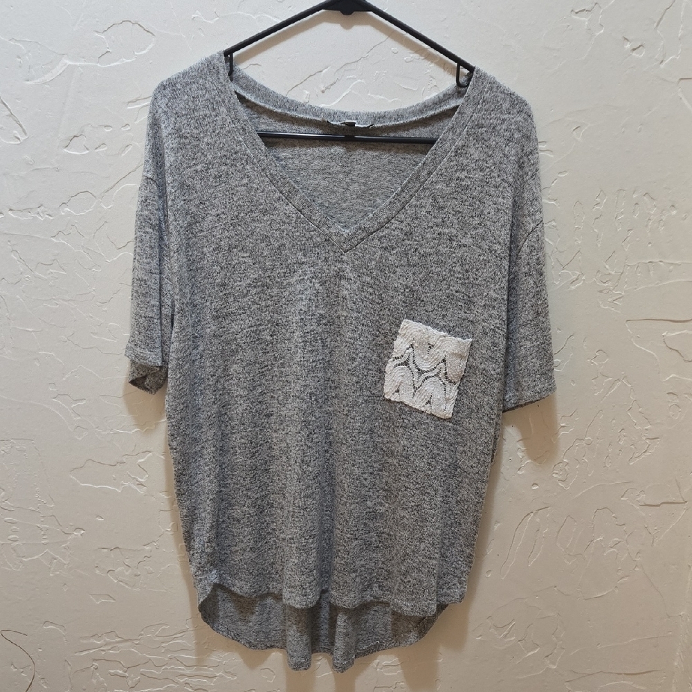 3/$10 Heather Gray V-Neck Women's Tee with Lace Pocket